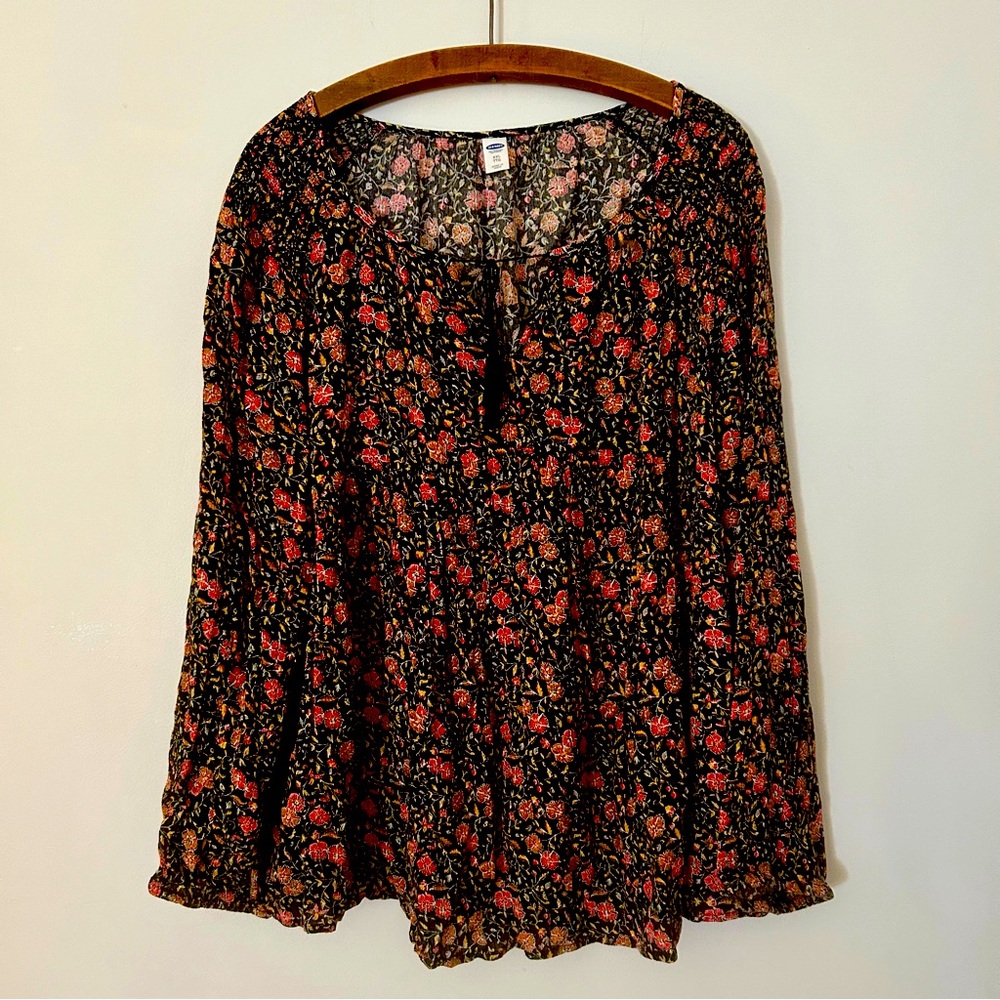 Old Navy-Black Floral‎ Blouse-Tassel Tie Neck-Sz XXL-Peasant-Boho-Cottagecore